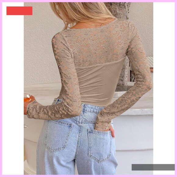 Long Sleeve Scoop Neck Lace Top Rib Knit Slim Fit Blouse - Picture 3 of 4